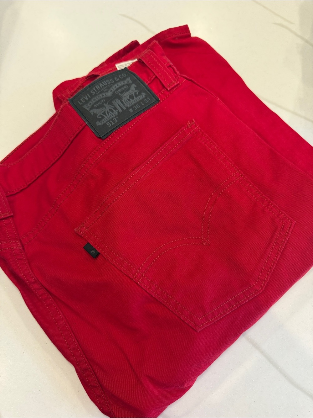 Levi's red denim jeans with branded leather patch